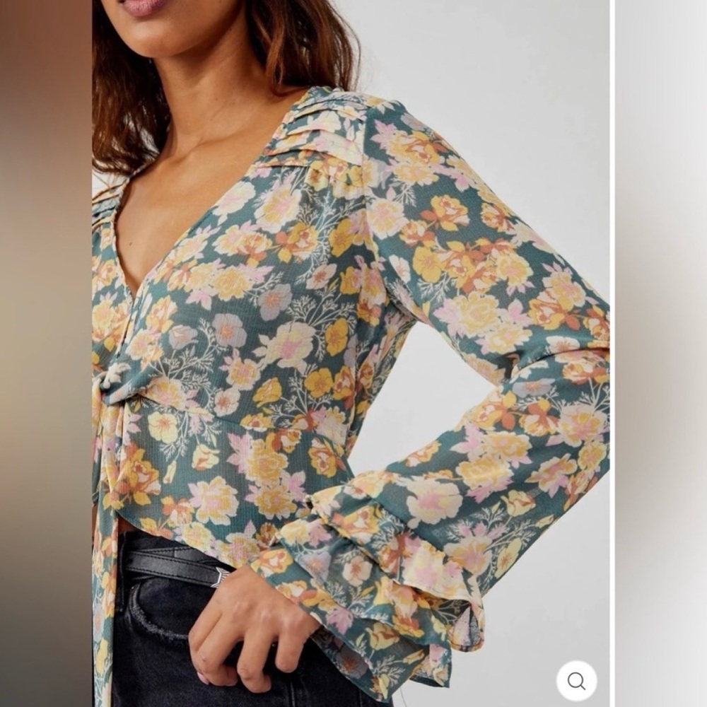 NWT: Free People Sage Floral Tie-Front Blouse with Pink & Peach Blooms